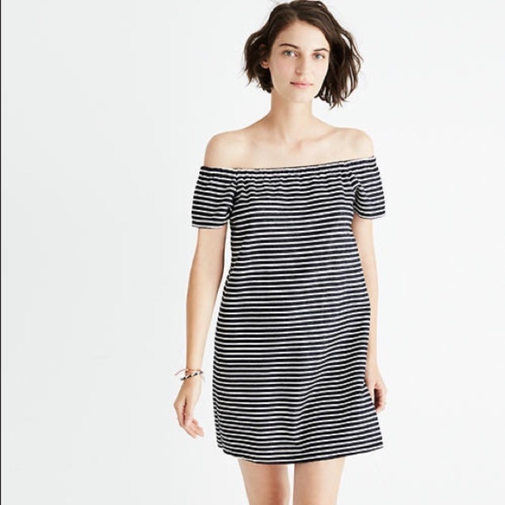 Madewell Melody Off the Shoulder Dress Black/White Stripe Size Medium